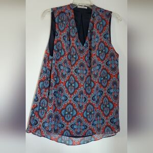Stitch Fix 41 Hawthorn Sleeveless Blouse in Red and Blue Ogee Pattern, XL, 12-14
